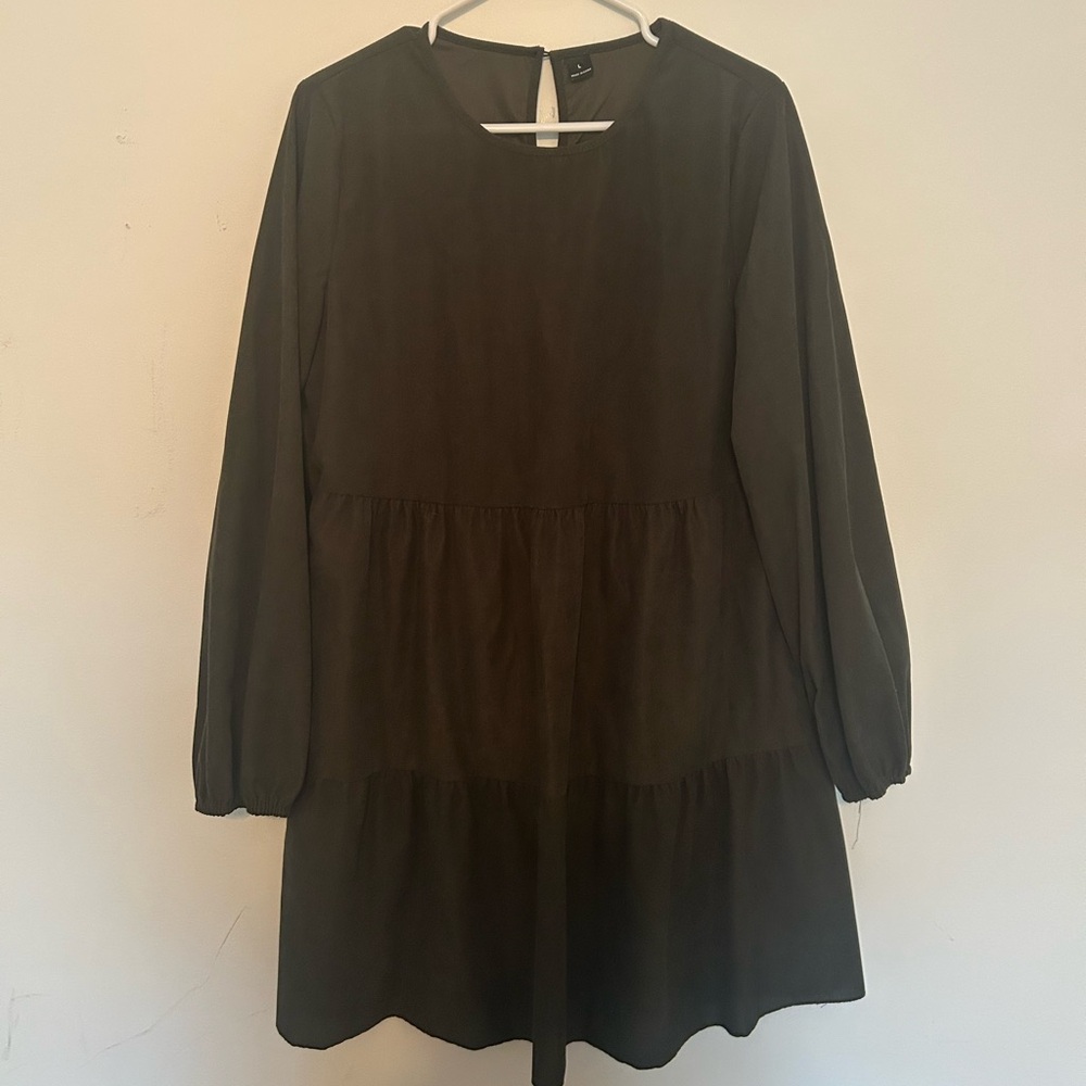 Olive green Long Sleeve Tiered Mini Dress